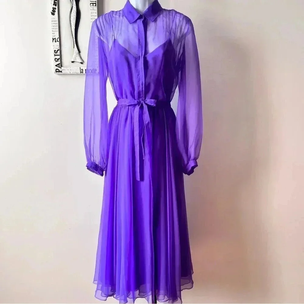 Vintage 60s Purple Chiffon Sheer Long Sleeve Pintuck Dress Size 12